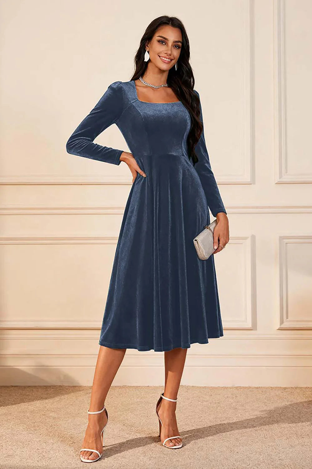Dark Green A Line Velvet Long Sleeves Holiday Party Dress