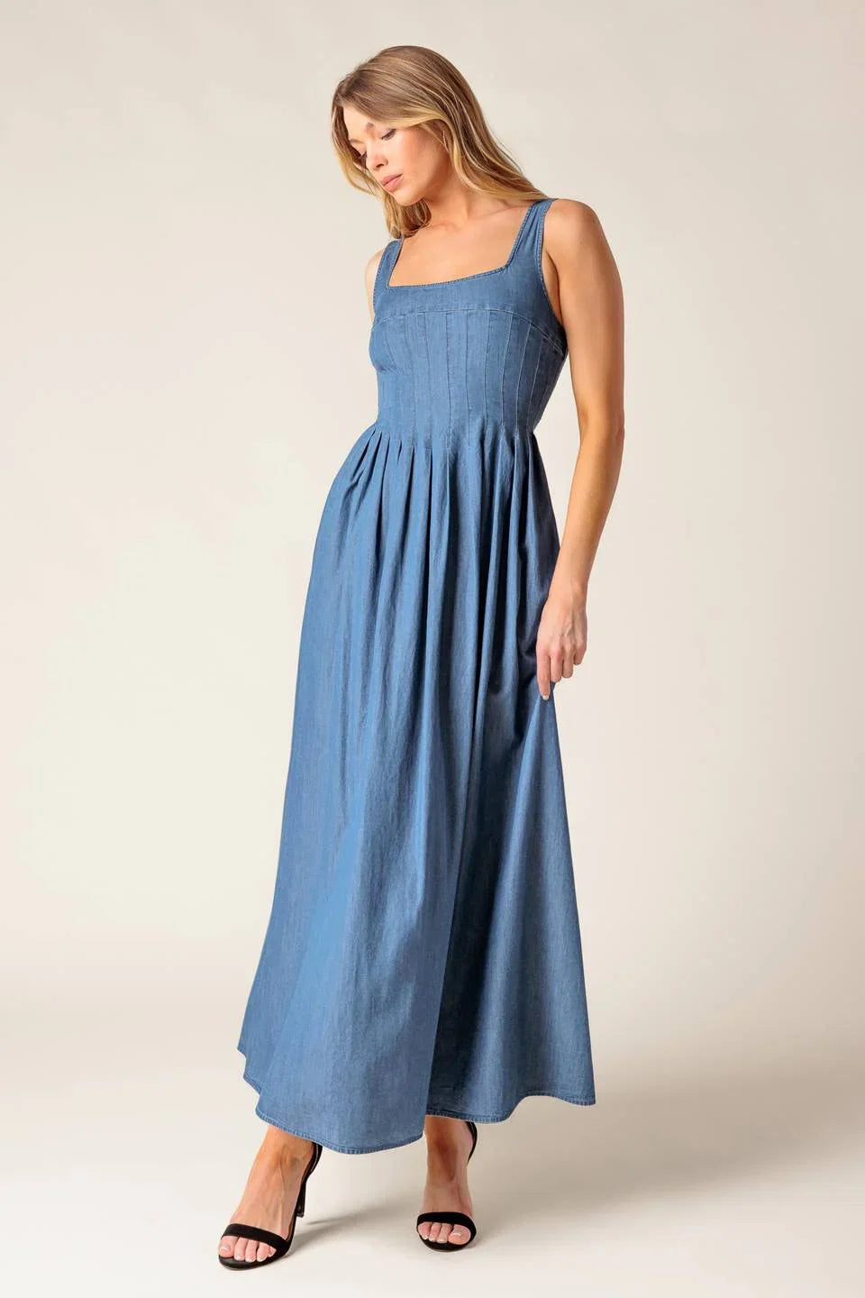BLUE RIDGE DREAMS PINTUCK DENIM MIDI DRESS