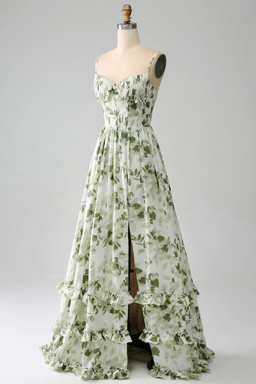 Green A Line Spaghetti Straps Printed Floral Maxi Dress With Slit