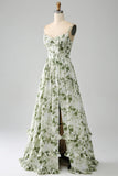 Green A Line Spaghetti Straps Printed Floral Maxi Dress With Slit