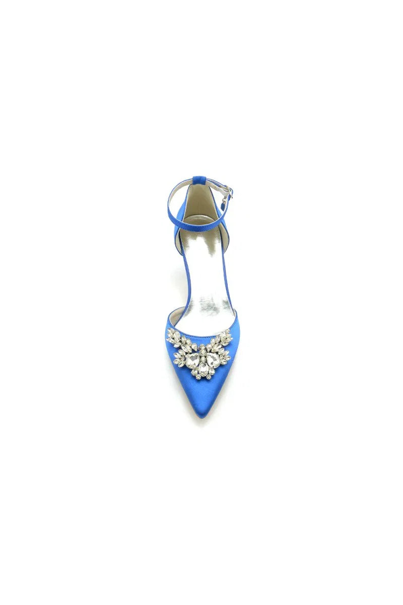 Pointed Toe Satin Kitten Heels With Rhinestone