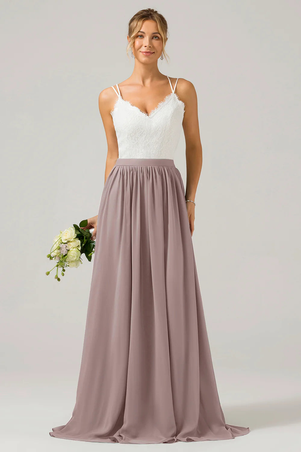 A Line Spaghetti Straps Pleated Long Bridesmaid Dress With Lace