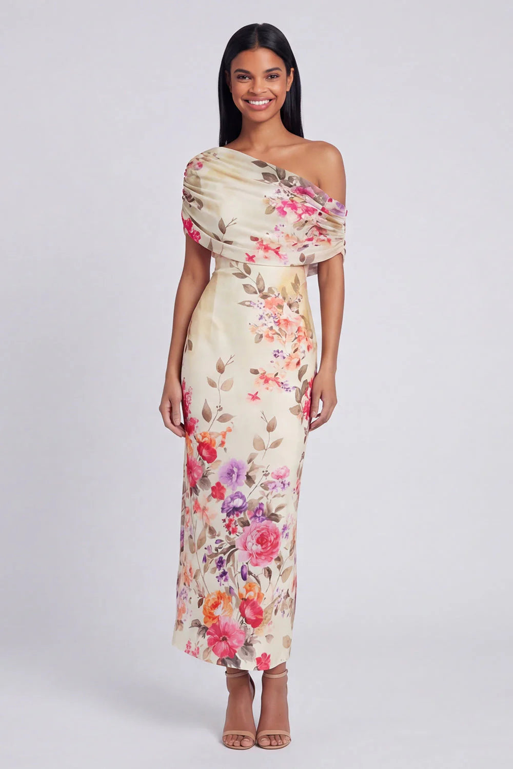 One Shoulder Sheath Ivory Floral Wedding Guest Dress