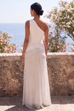 White Black Polka Dot One Shoulder Ruched Sheath Maxi Dress
