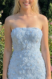 Light Blue Strapless Bodycon Beaded Short Homecoming Dress with 3D Flowers