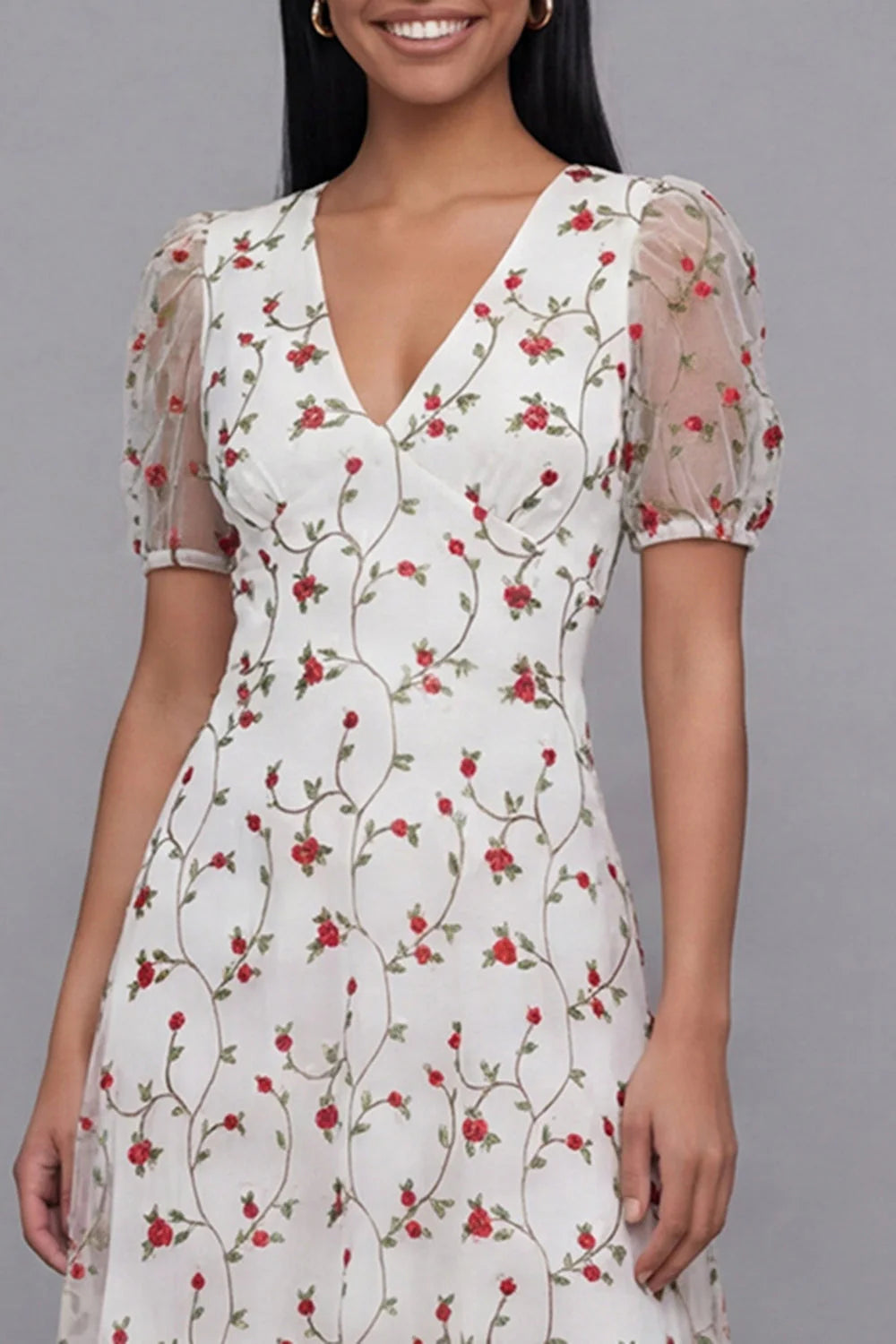 White Floral A Line Midi Wedding Guest Dress with Short Sleeves