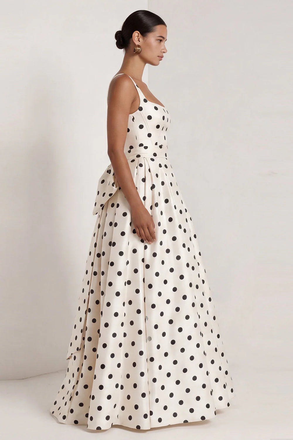Black A Line Polka Dot Maxi Formal Dress with Bow