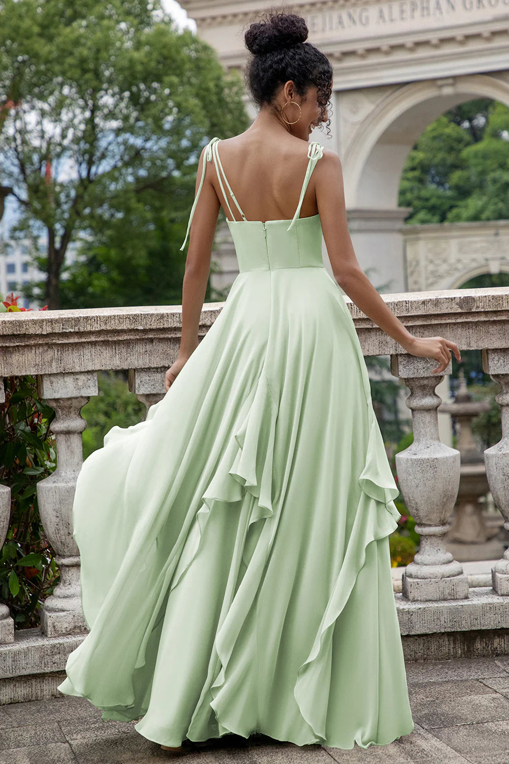 Pine A Line Spaghetti Straps Chiffon Long Asymmetrical Bridesmaid Dress with Ruffles