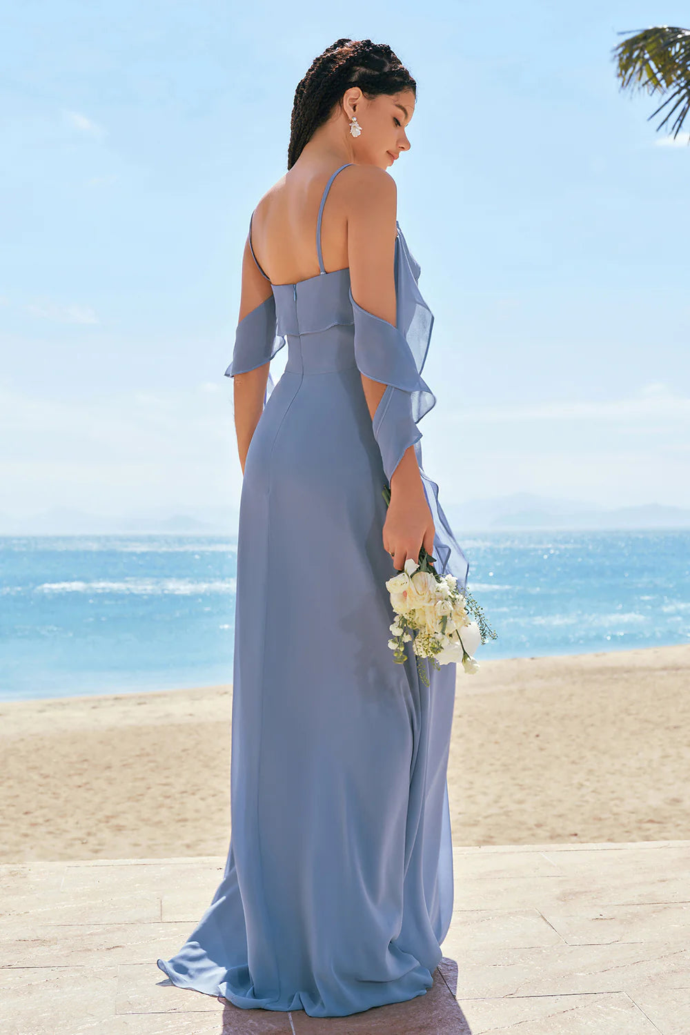 Grey Blue A Line Cold Shoulder Ruched Chiffon Long Bridesmaid Dress with Slit