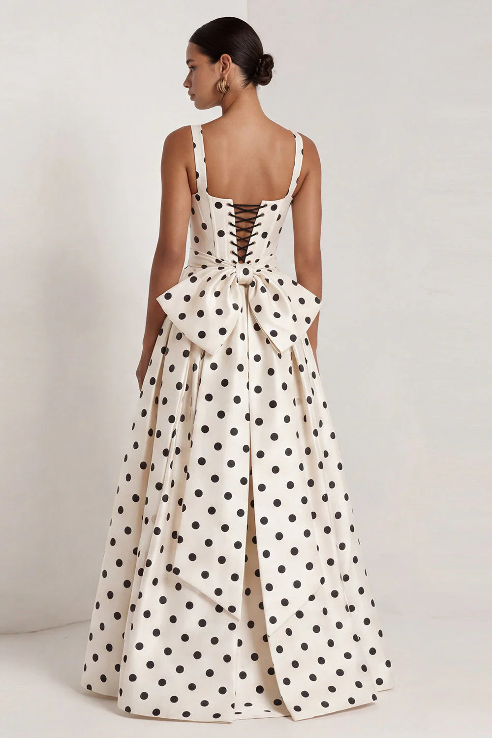Black A Line Polka Dot Maxi Formal Dress with Bow