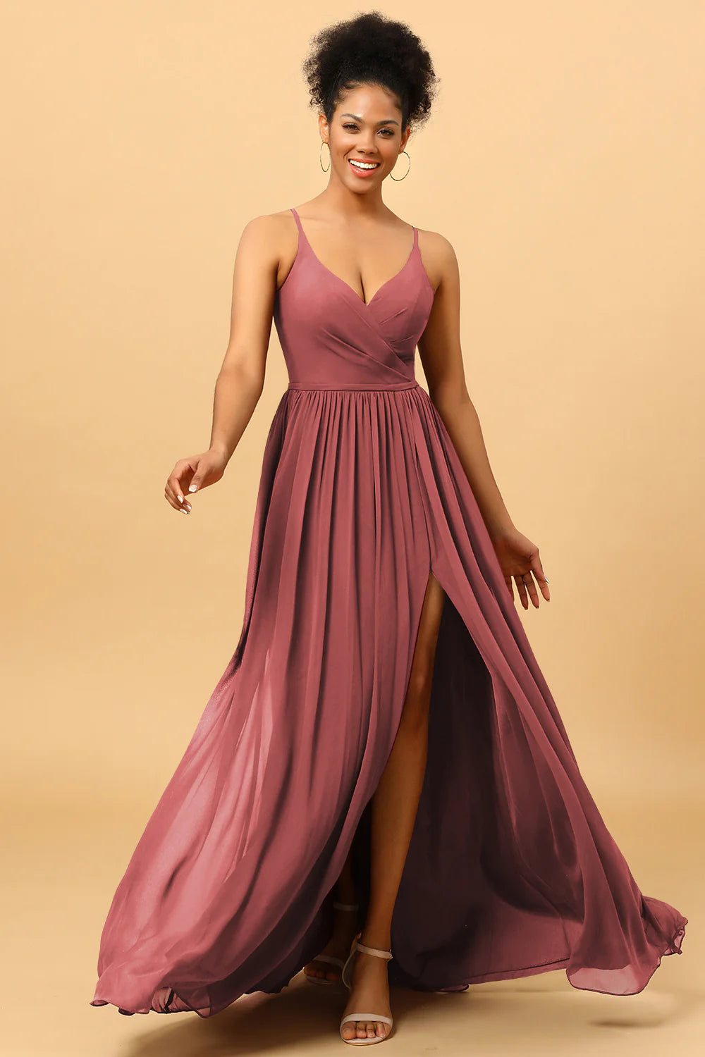 A Line Spaghetti Straps Ruched Long Chiffon Bridesmaid Dress with Slit