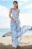 A Line Square Neck White Blue Flower Long Bridesmaid Dress with Slit
