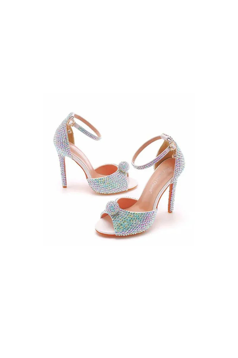 Rhinestone Embellished Open Toe Ankle Strap Stiletto Heels