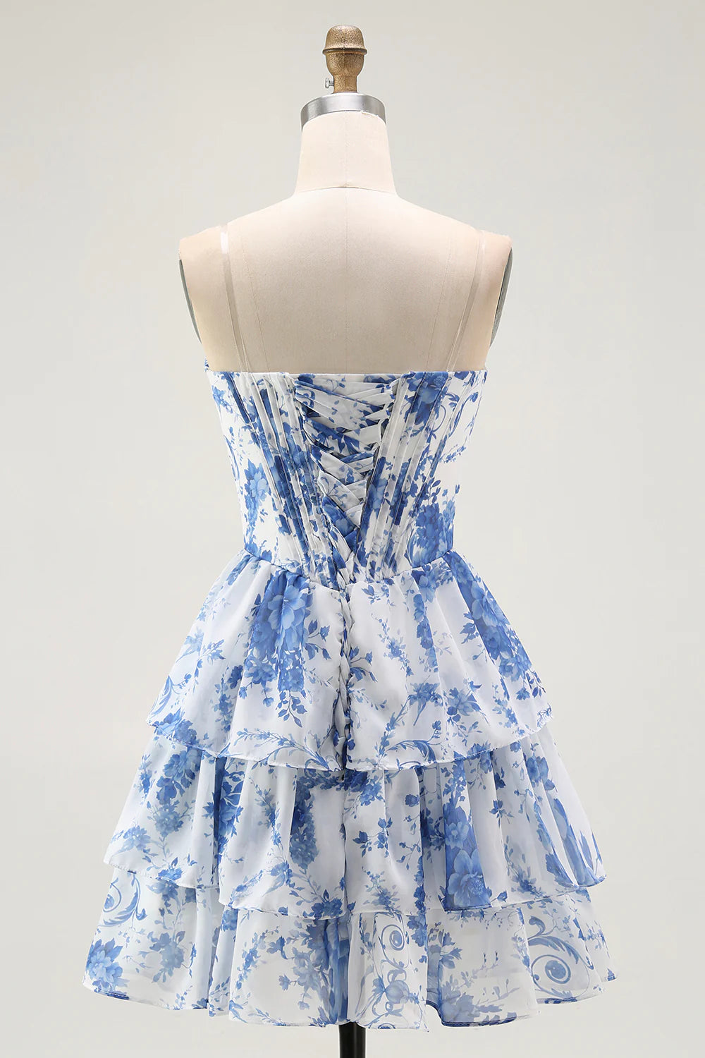 Strapless White Blue Flower A Line Corset Mini Homecoming Dress with Ruffles