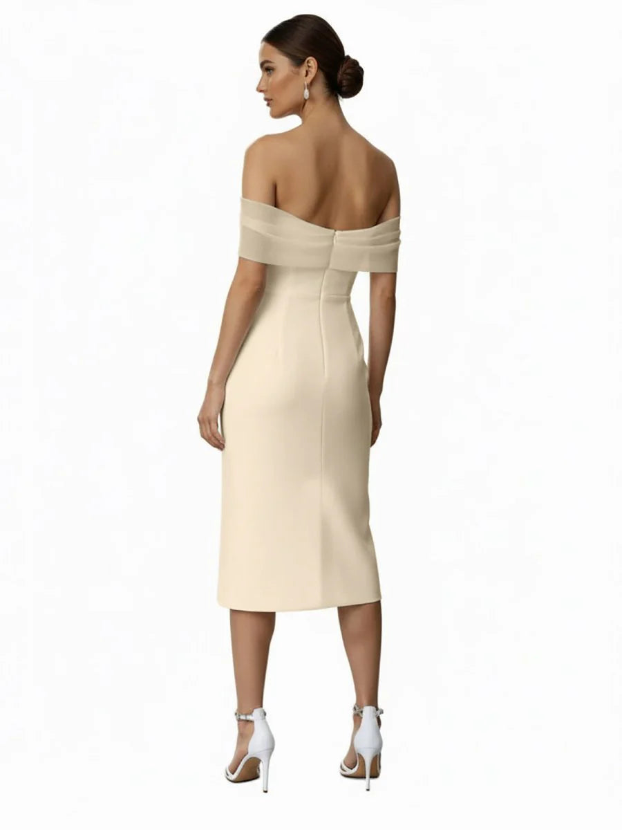 Sheath Off The Shoulder Sleeveless Tea Length Wedding Dresses
