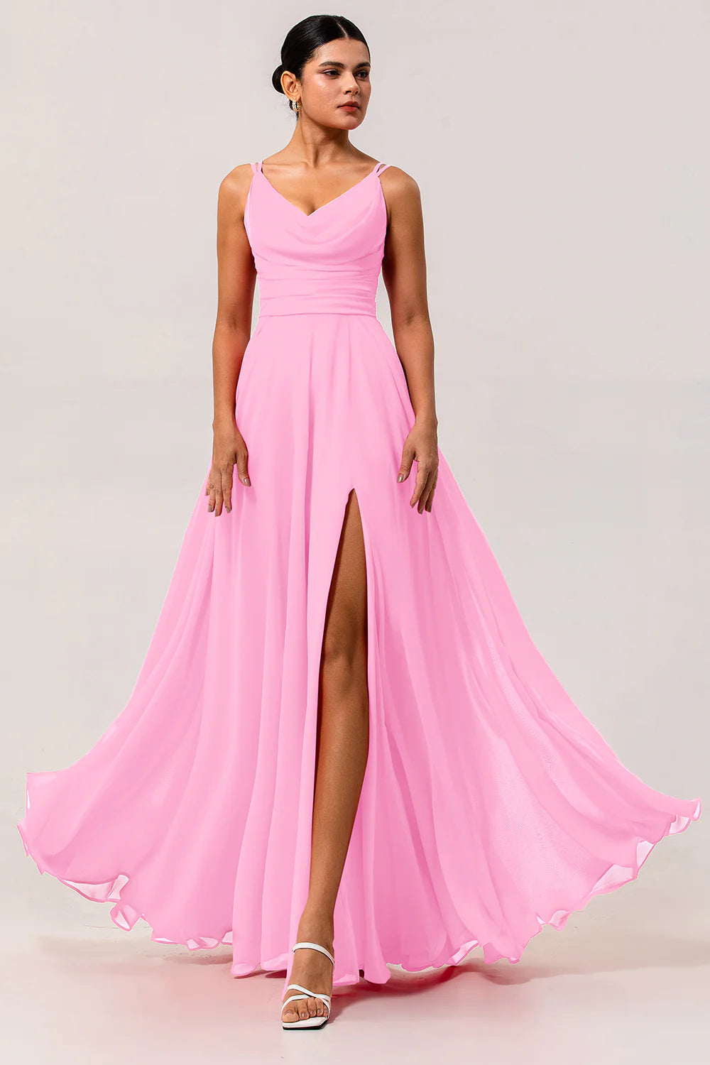 Hot Pink A Line Cowl Neck Chiffon Long Bridesmaid Dress with Slit
