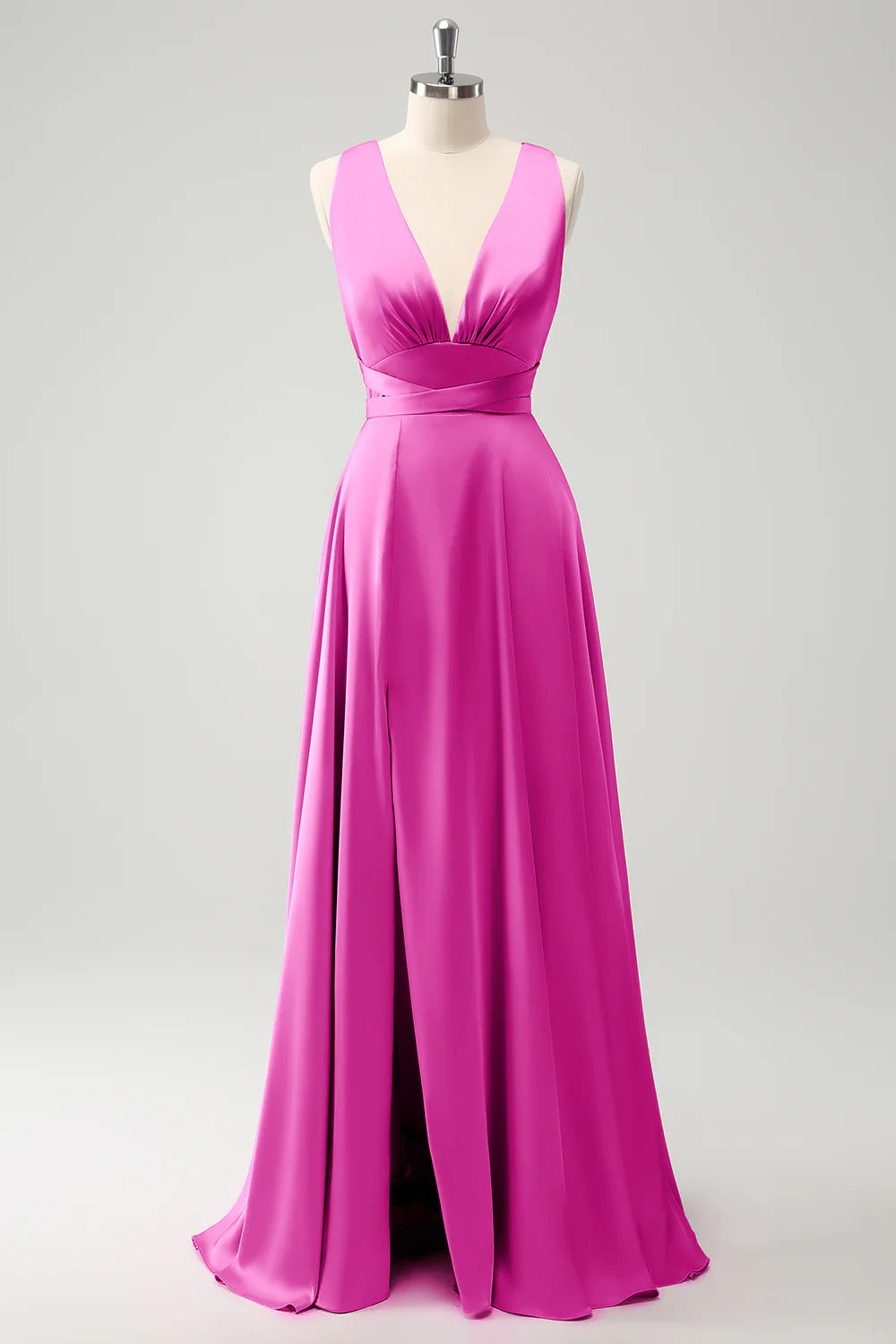Burgundy A Line Deep V Neck Backless Long Bridesmaid Dress with Slit