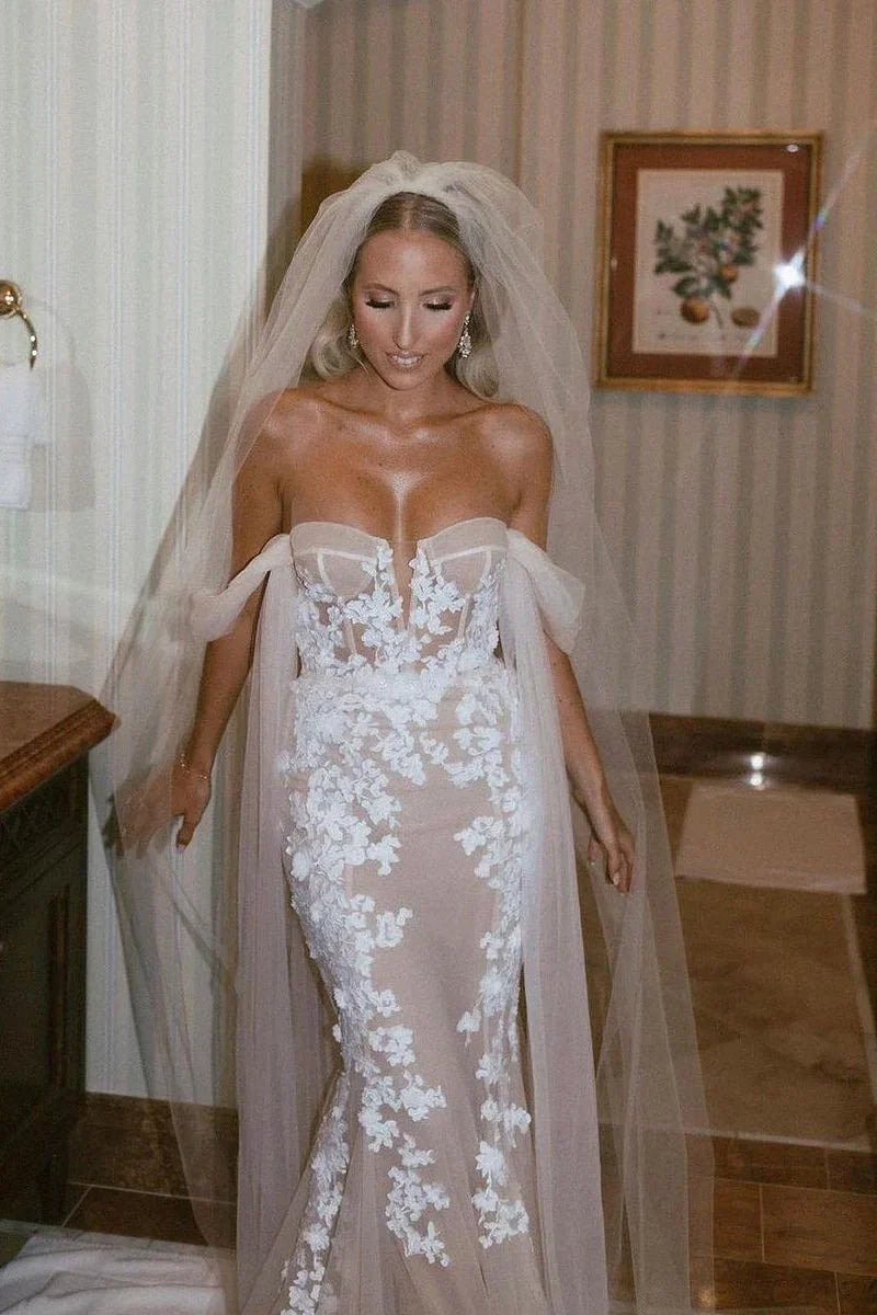 Glamorous Mermaid Off the Shouder Tulle Lace Wedding Dresses