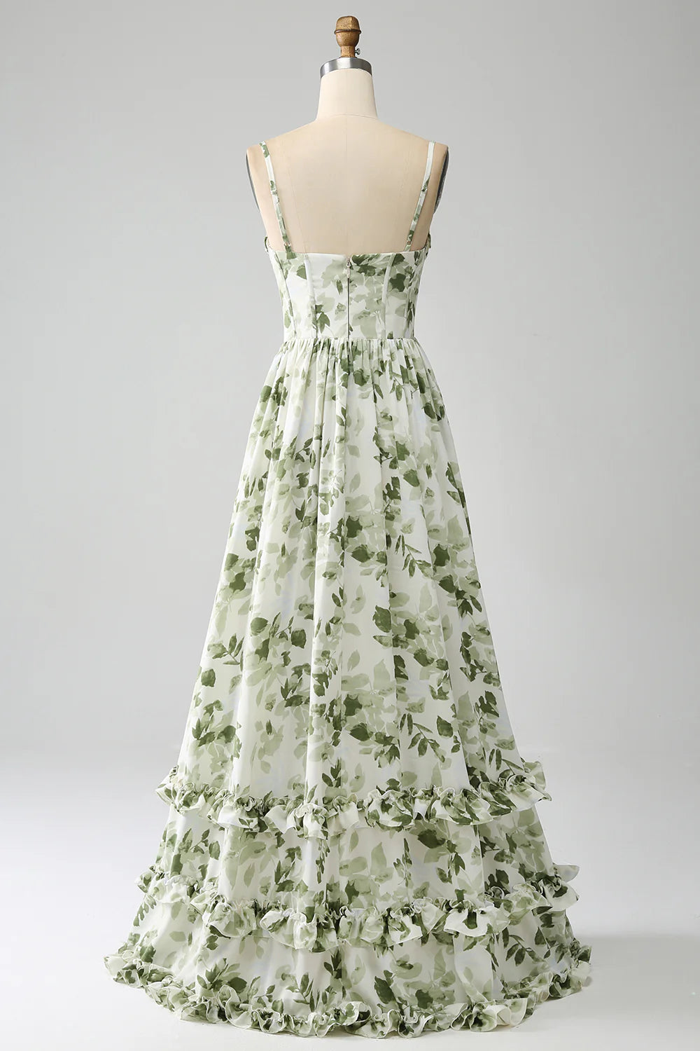 Green A Line Spaghetti Straps Printed Floral Maxi Dress With Slit