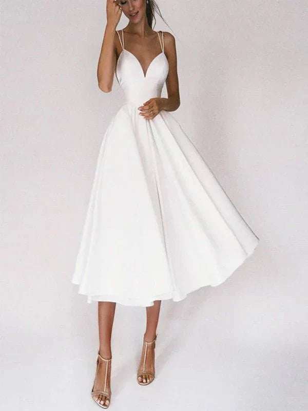 A Line V Neck Sleeveless Satin Knee Length Wedding Dress