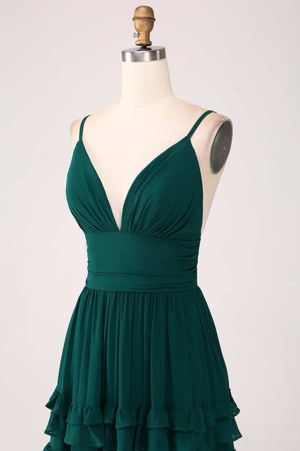 Dark Green A Line Spaghetti Straps Tiered Pleated Floor Length Bridesmaid Dress