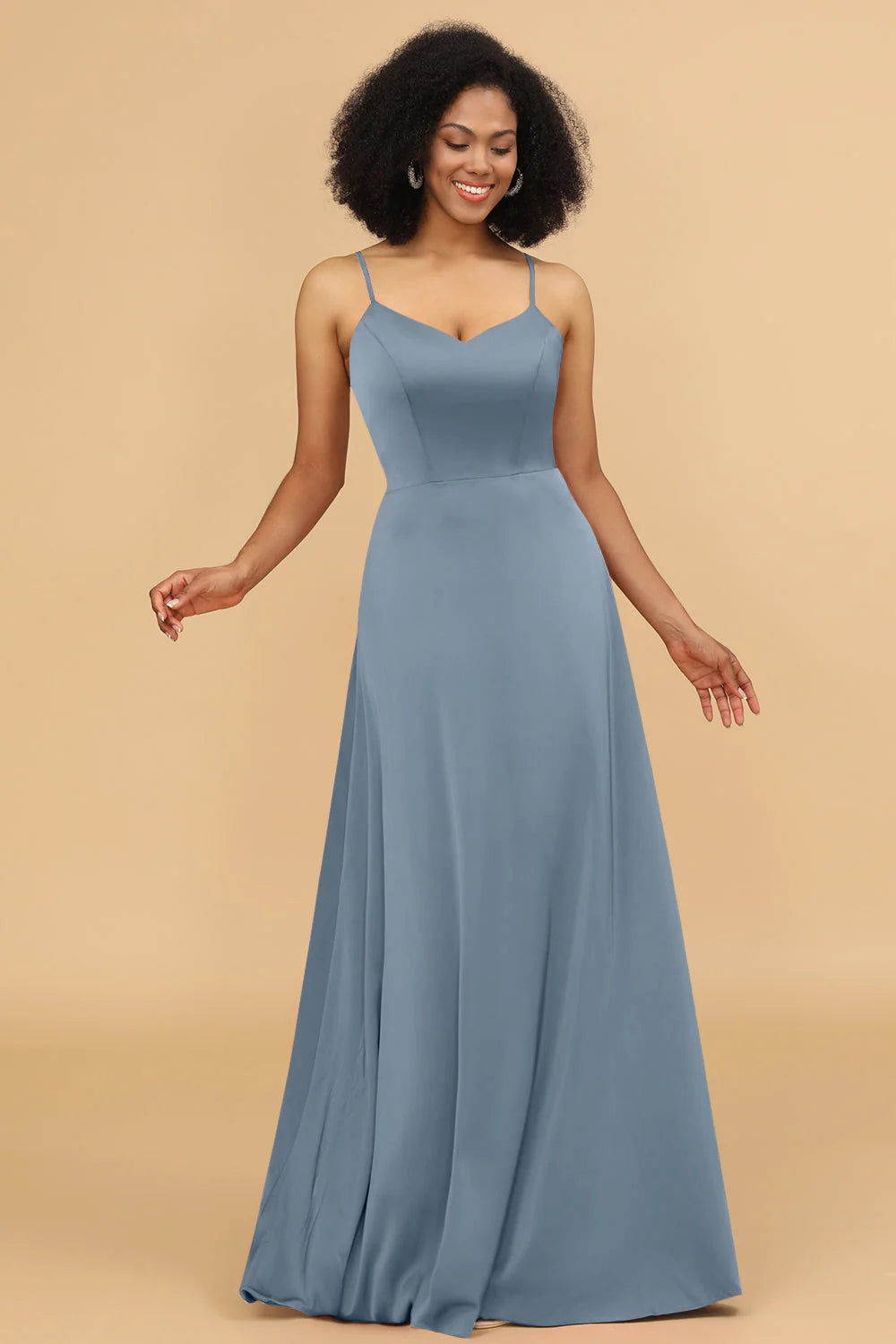 A Line Spaghetti Straps Floor Length Satin Bridesmaid Dress