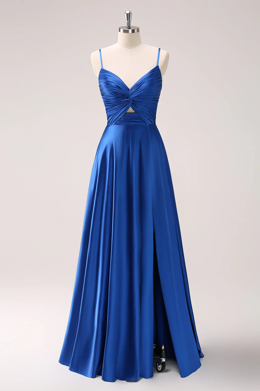 Ink Blue A Line Keyhole Satin Pleated Long Bridesmaid Dress with Slit