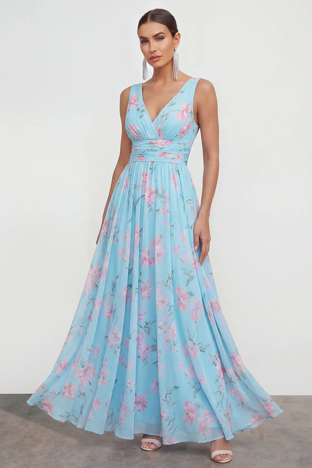 Floral A Line V Neck Sleeveless Blue Wedding Guest Dress