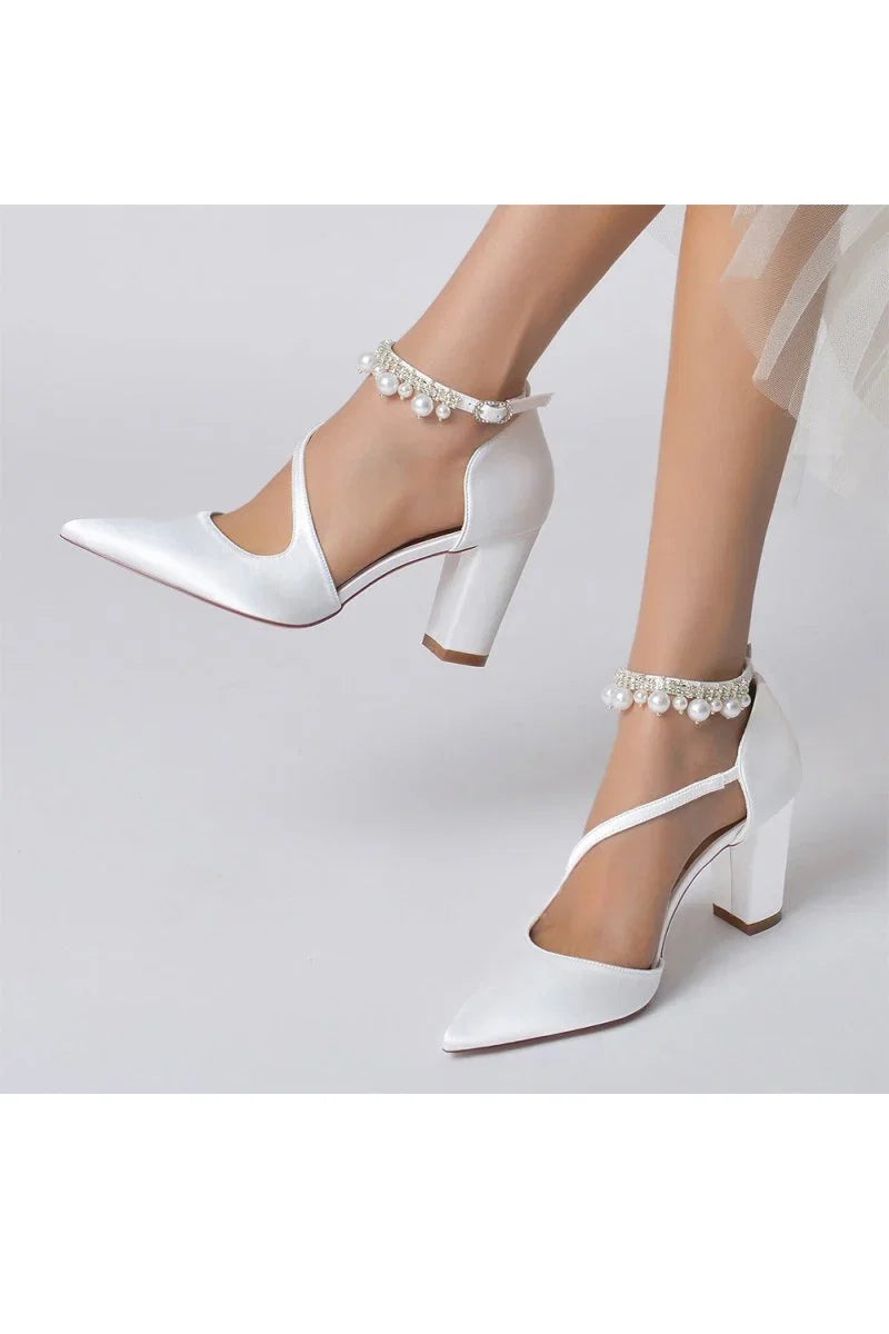 White Satin Heels with Cross Strap Design and Pearl Accented Buckle