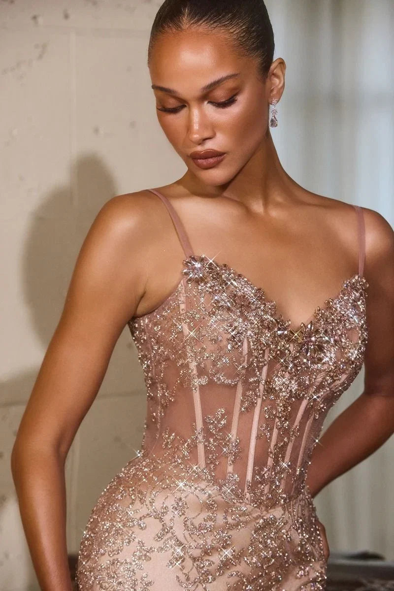 Jadyn Gown Fitted Sheer Corset Dress with Beading