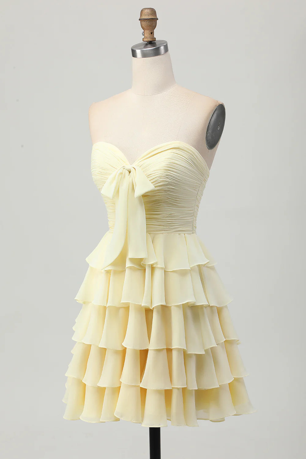 Light Yellow Strapless Tiered Ruched A Line Short Homecoming Dress