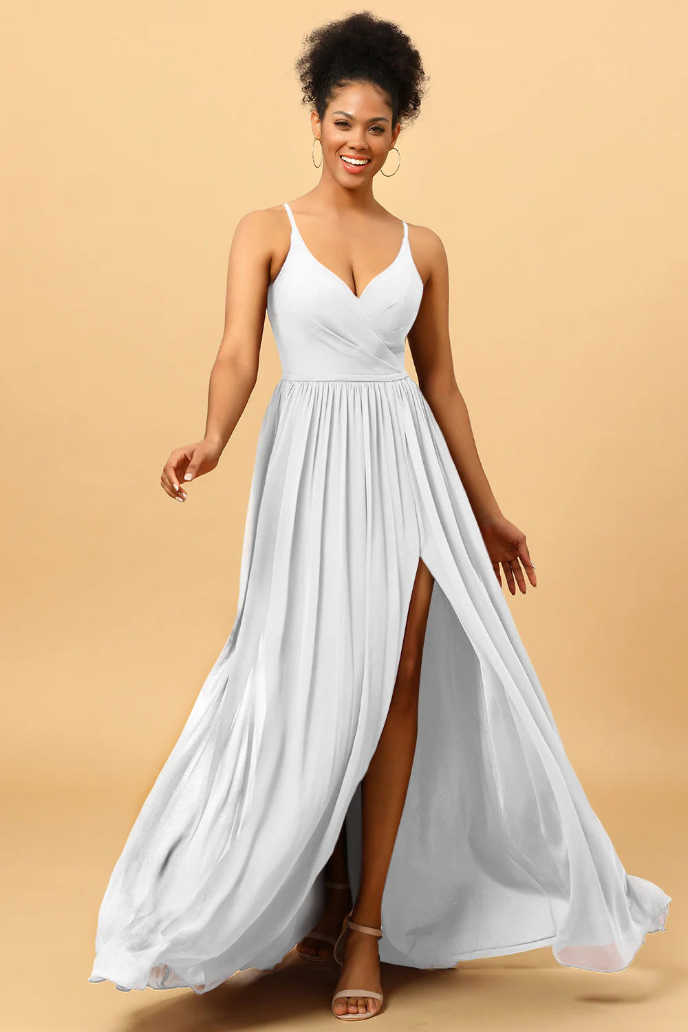 A Line Spaghetti Straps Ruched Long Chiffon Bridesmaid Dress with Slit