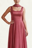 Desert Rose A Line Square Neck Satin Long Bridesmaid Dress with Streamer