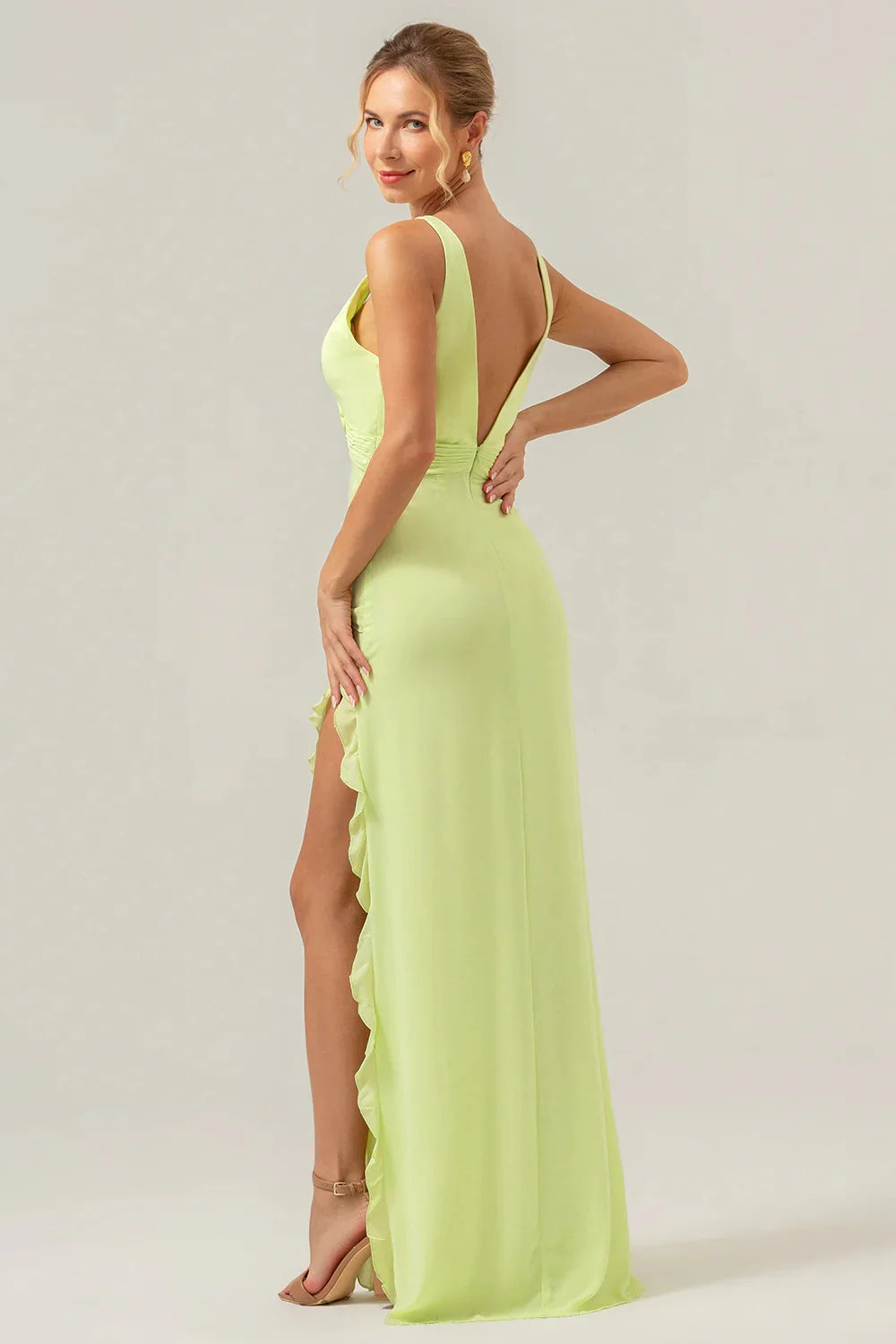 Burgundy Sheath V Neck Floral Open Back Bridesmaid Dress with Ruffle Slit