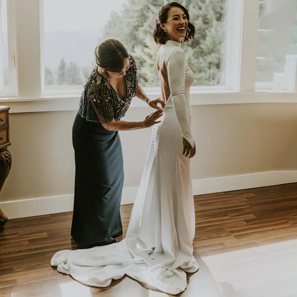 Mermaid White Open Back High Neck Wedding Dress