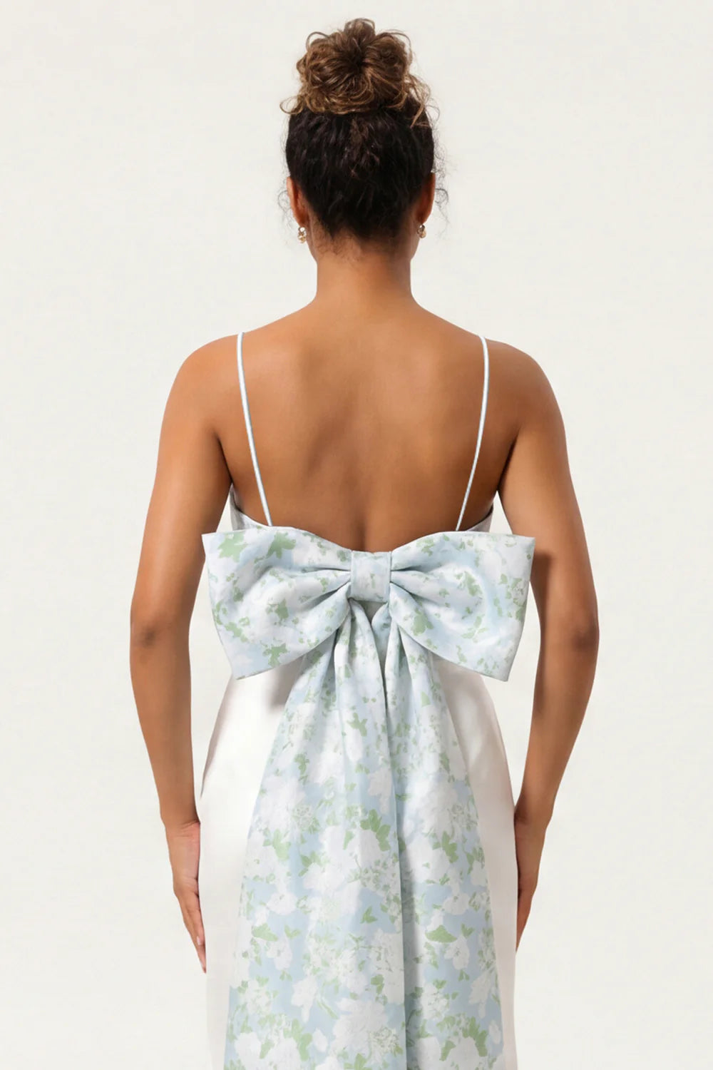 Blue Floral Spaghetti Straps Mermaid Satin Bridesmaid Dress with Bow