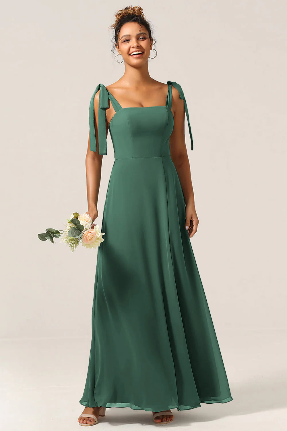 A Line Spaghetti Straps Floor Length Chiffon Bridesmaid Dress with Slit