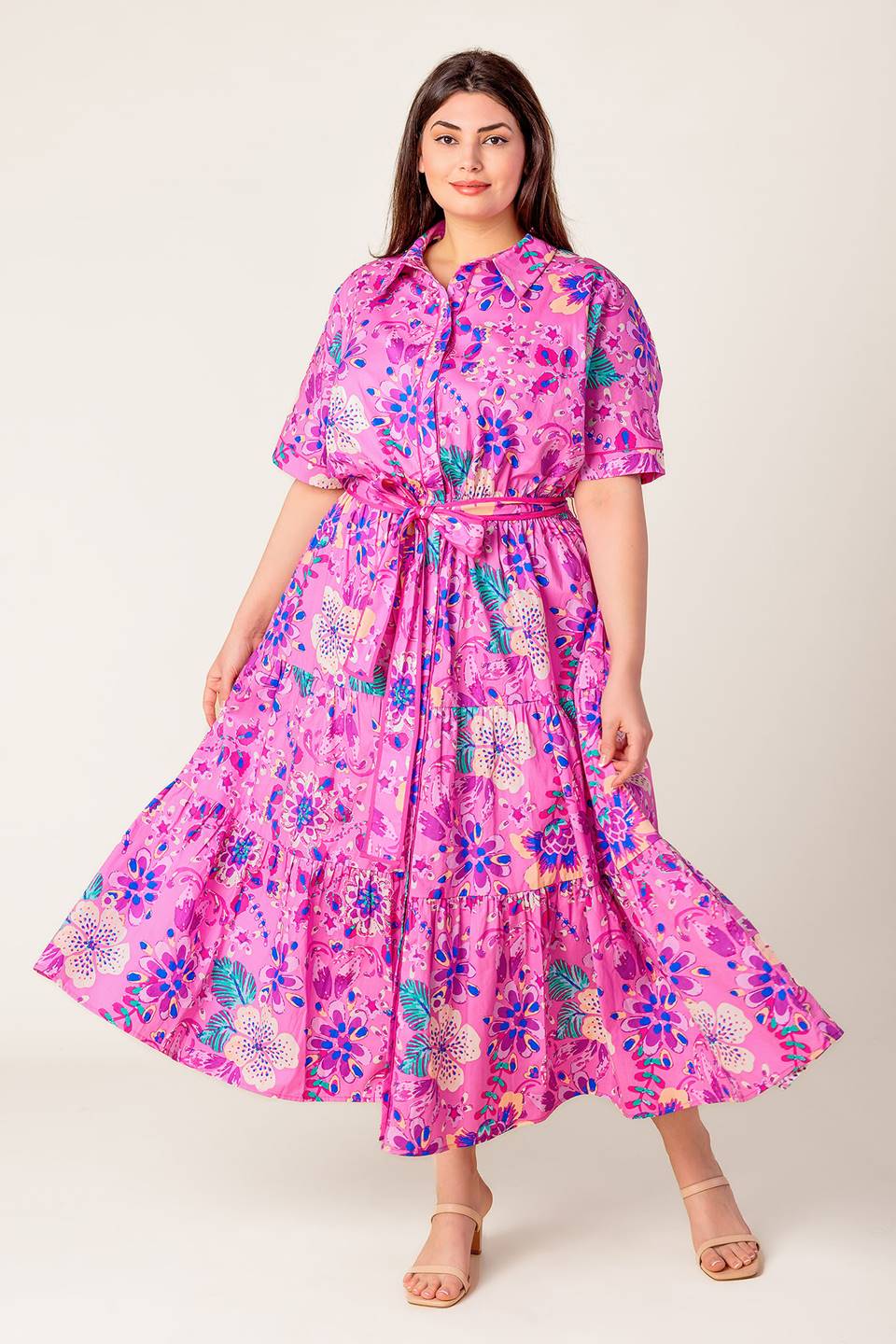 PETAL PRESS PINK PURPLE FLORAL MIDI DRESS