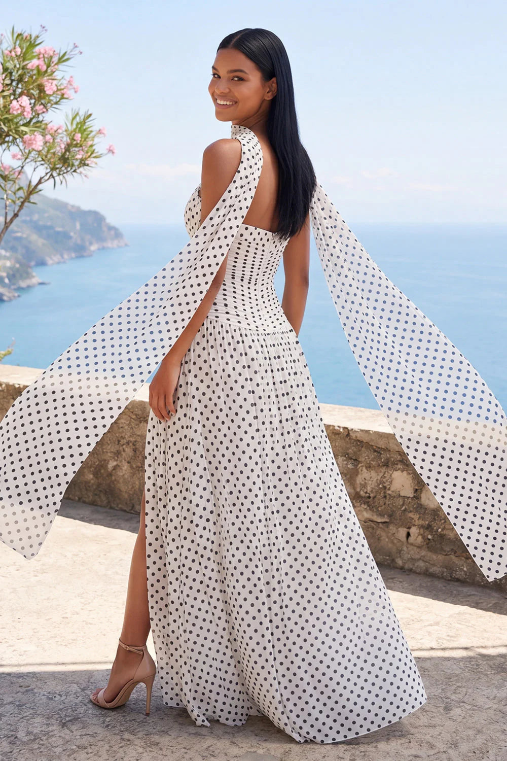 White Black Strapless Polka Dot Dress with Slit