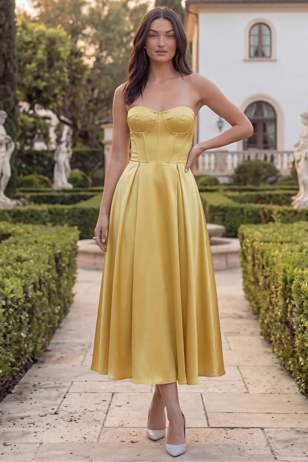 Golden Strapless A Line Corset Satin Midi Wedding Guest Dress