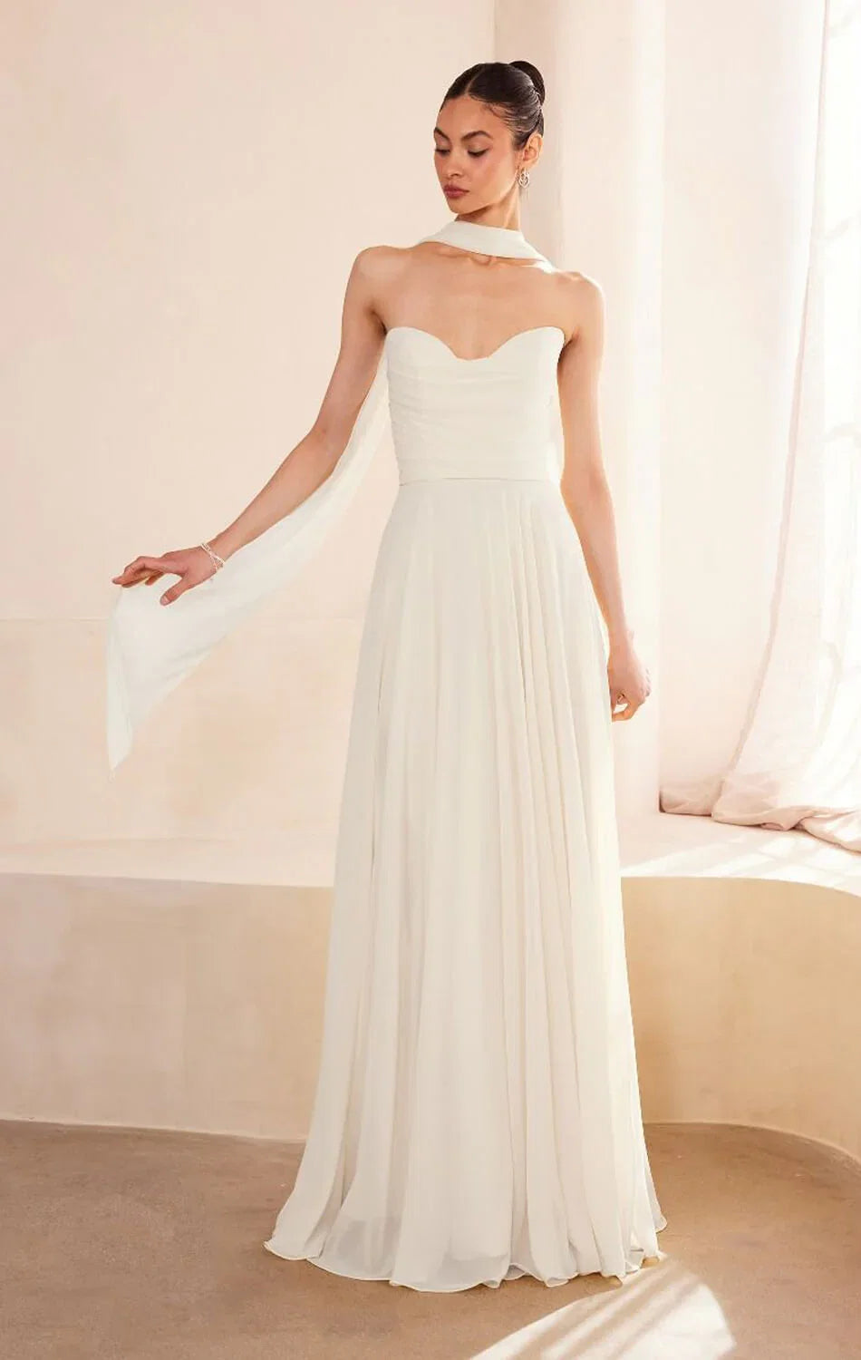 Ella Gown A line Strapless Chiffon Dress With Scarf Off White