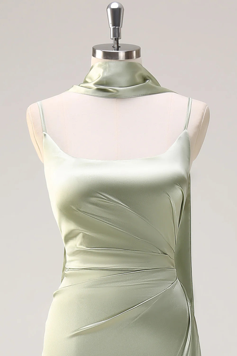 Sage Sheath Spaghetti Straps Streamer Convertible Long Satin Bridesmaid Dress with Slit