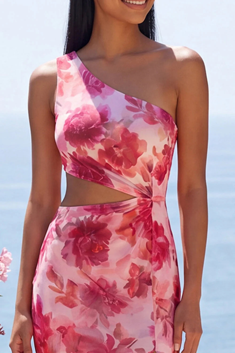Pink One Shoulder Cut Out Floral Wedding Guest Dress with Slit