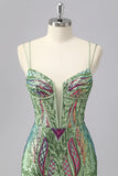 Gorgeous Green Bodycon Spaghetti Straps Corset Homecoming Dress with Sequins