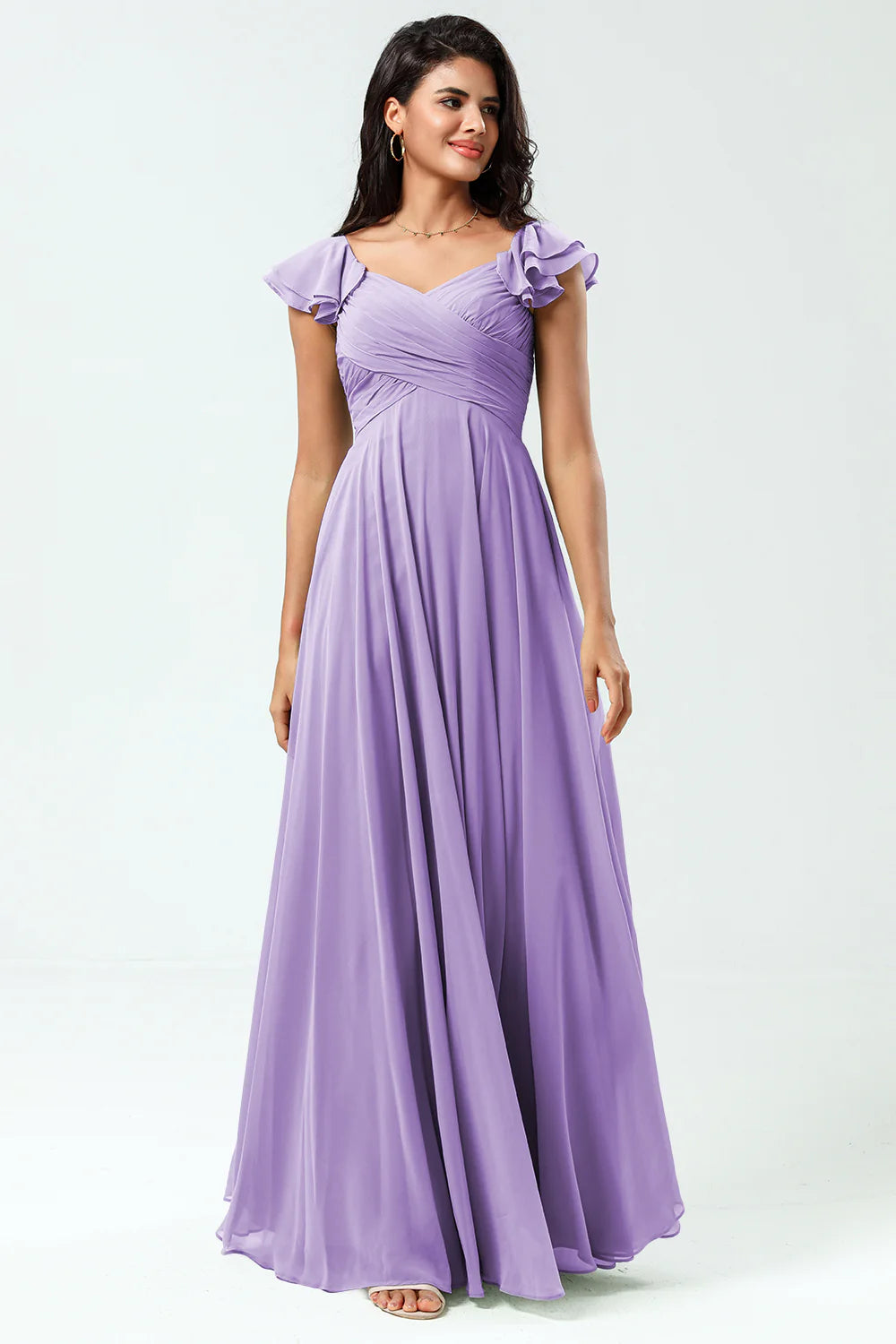 Lace Up Back Cross A Line Chiffon Bridesmaid Dress with Ruffles