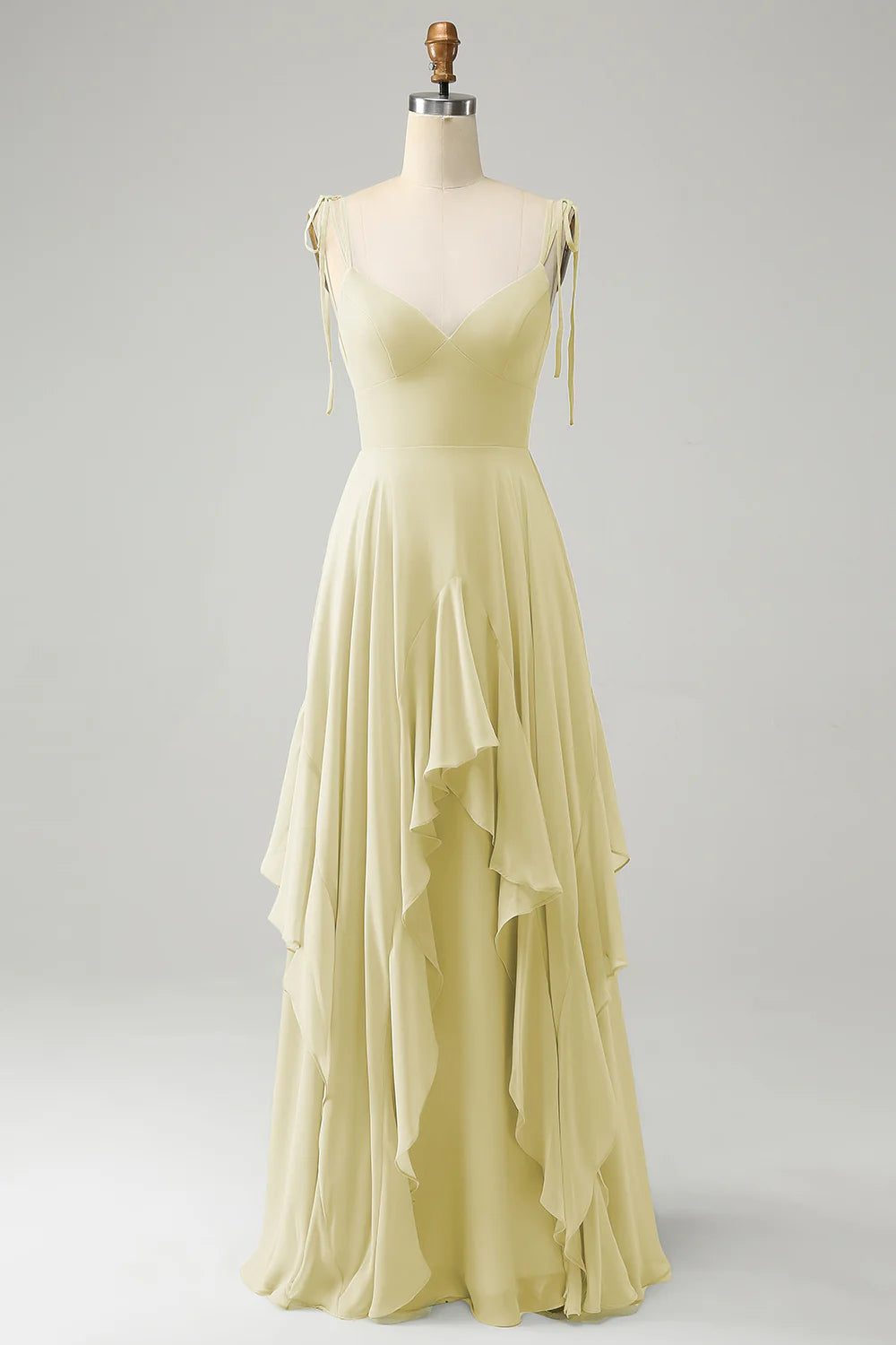 A Line Spaghetti Straps Chiffon Long Bridesmaid Dress with Ruffles