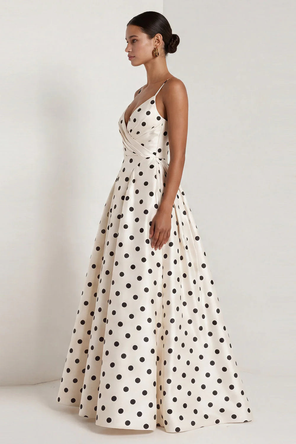 Black White Polka Dot Ruched A Line Long Formal Dress