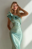 One Shoulder Light Green Mermaid Ruffle Long Formal Dress