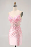 Candy Pink Bodycon Beaded Sheer Corset Short Homecoming Dress with Appliques