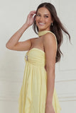 Strapless Halter Daffodil A Line Ruffled Long Wedding Guest Dress